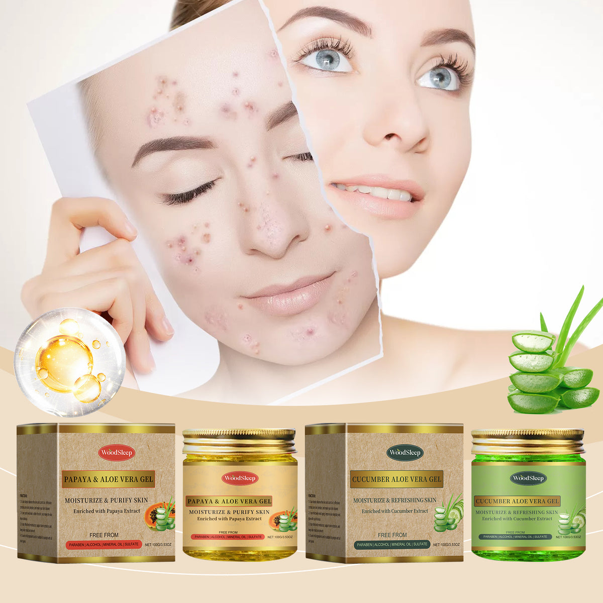 WoodSleep Papaya Aloe Vera Hydrating Gel Facial Cleansing Aloe Vera Gel Moisturizing Nourishing Gentle Exfoliating