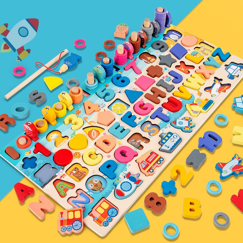 Wooden Geometric Shape Color Digital Cognition Puzzle