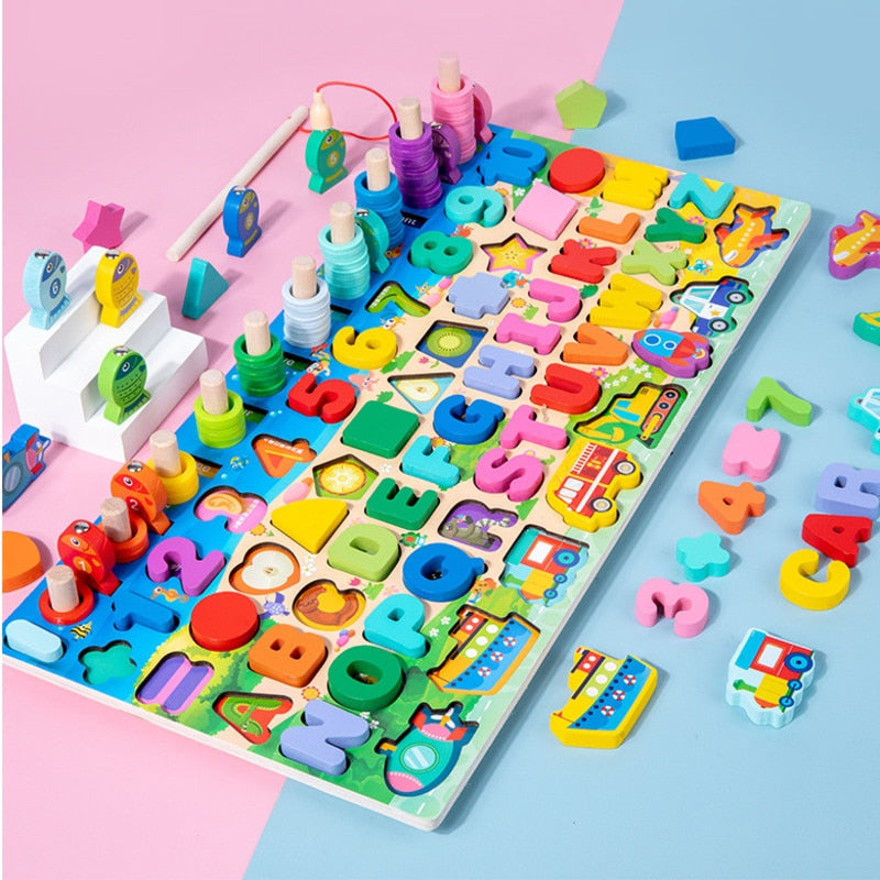 Wooden Geometric Shape Color Digital Cognition Puzzle